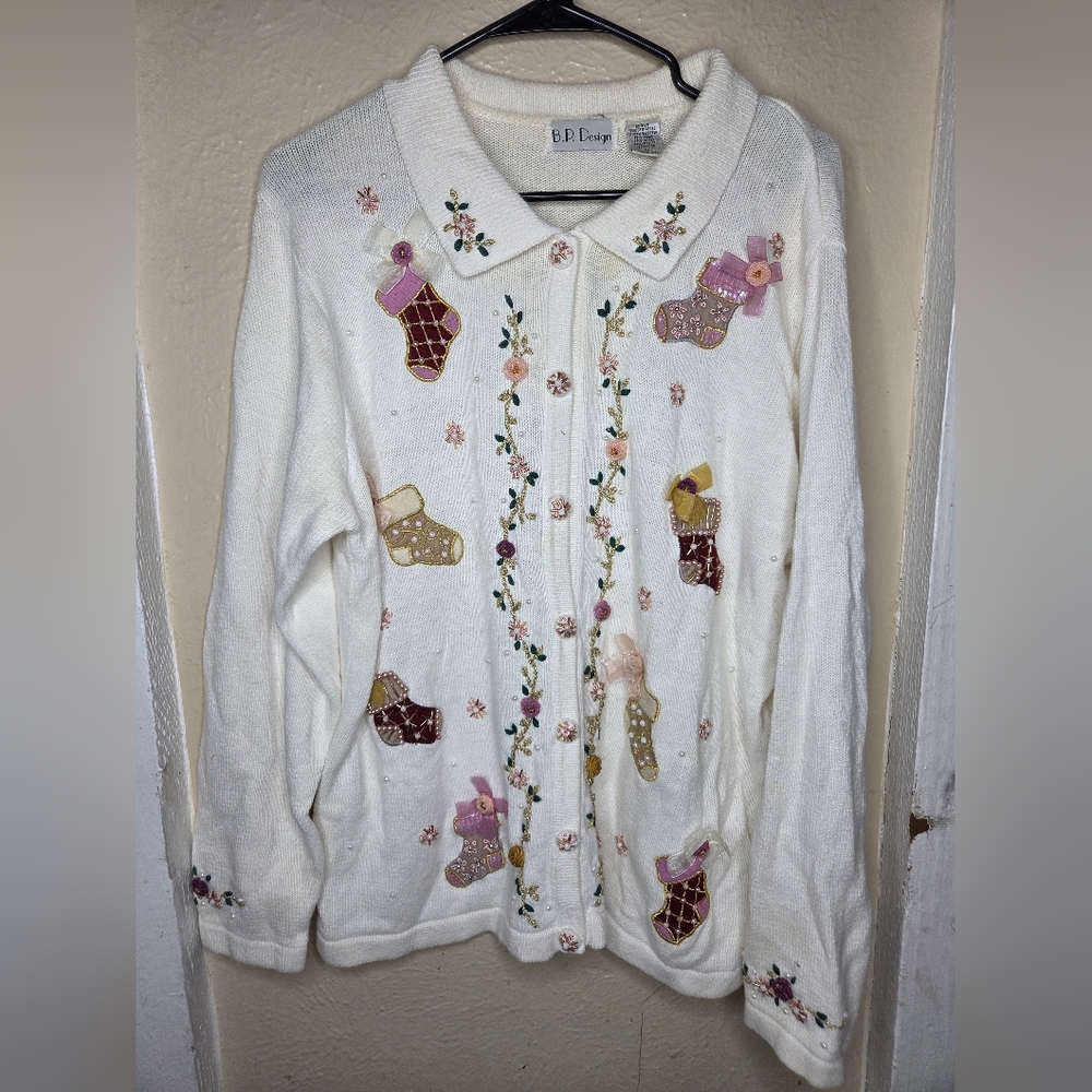 Vintage BP Design Floral Embroidered Christmas Holiday Cardigan Sweater Size L
